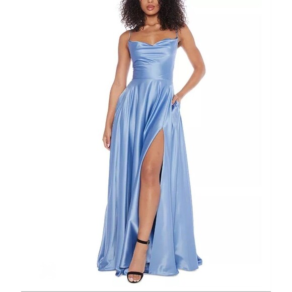 B Darlin Dresses & Skirts - B. Darlin Floor Length Gown Womens 3 Blue Satin Cowlneck Lace-up Back Flattering